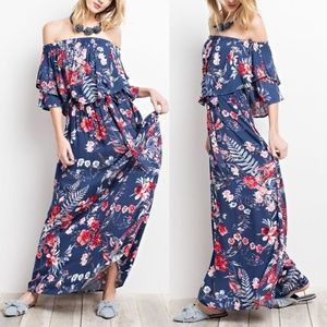 Floral Print Ruffle Off Shoulder Maxi Dress